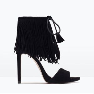 NWT Zara Fringe Heels in Black Suede Size 8